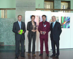 Cezar Secrieru with Deputy Permanent Representative of Moldova E.Revenco, curator of exhibition E.Prus and Director of UNO S .Ordzonikidze at personal exhibition of artist at UNO, Geneva, 2004